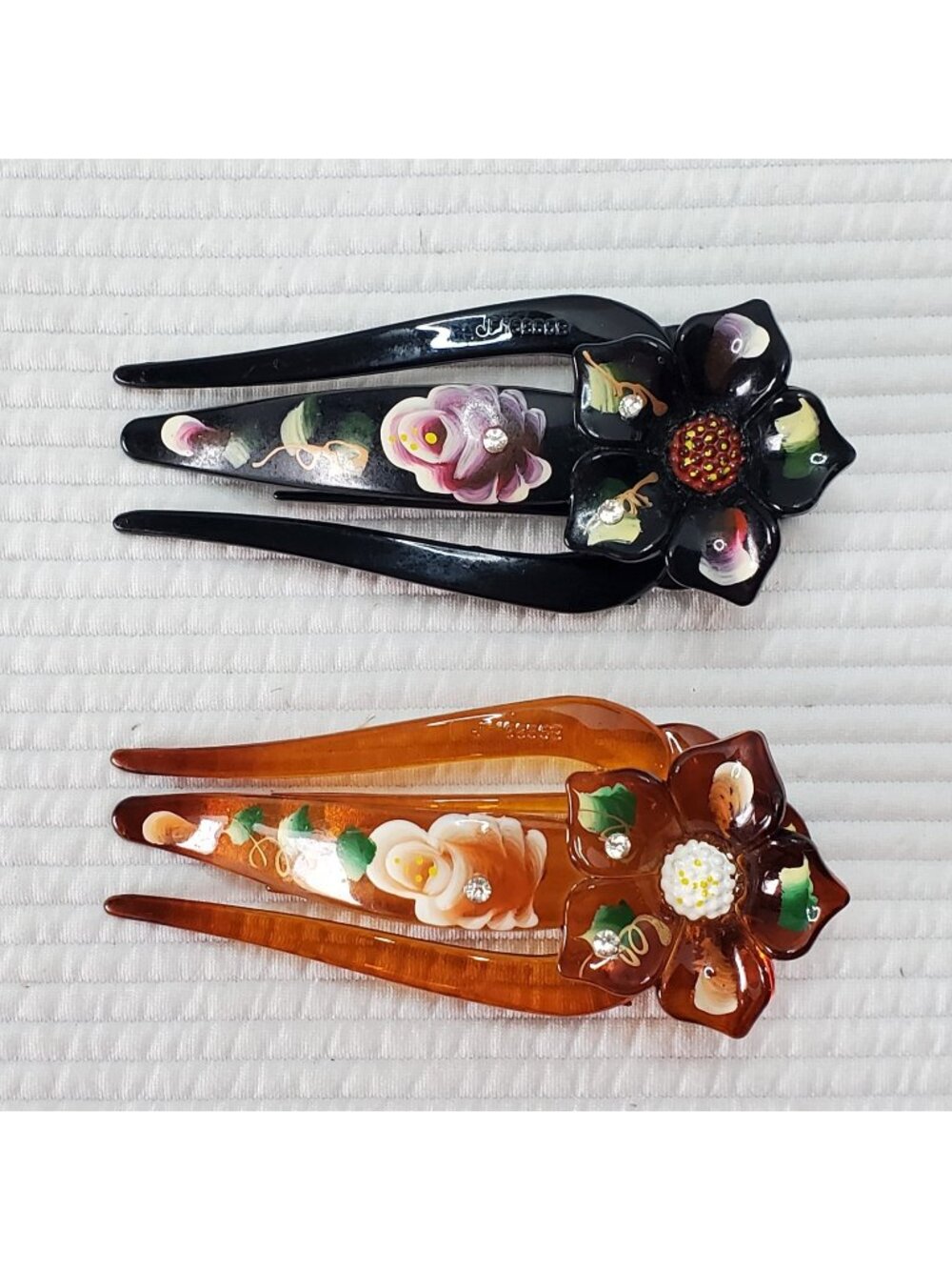 2 Vintage Hair Barrettes Bows Clips Accessories 80s 90s Floral Hand Painted Boho